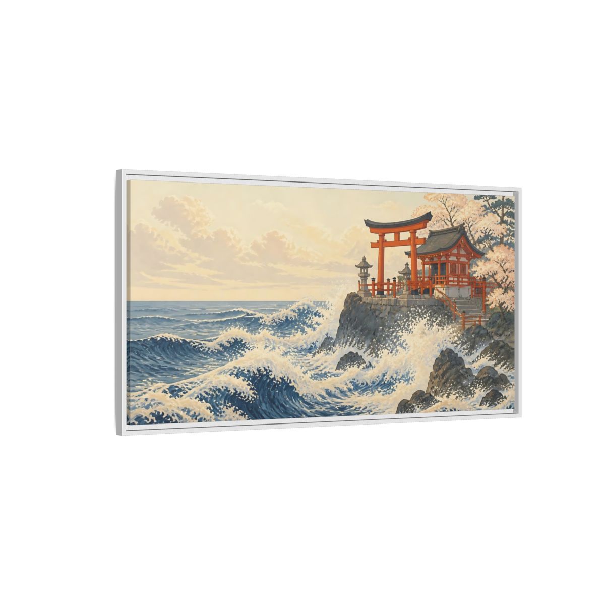 Side Mockup 3. Seaside Torii And Waves shown as framed canvas print