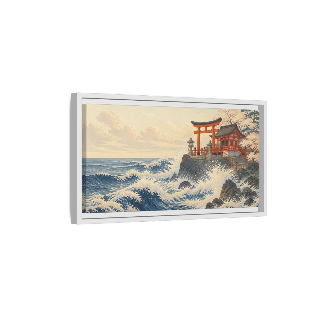 Side Mockup 6. Seaside Torii And Waves shown as framed canvas print