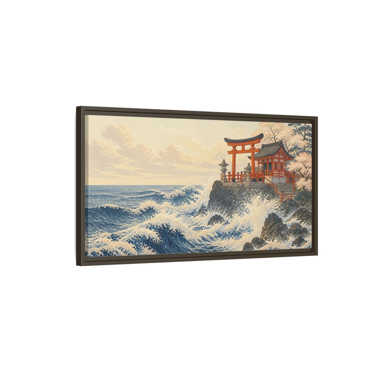 Main Mockup. Seaside Torii And Waves shown as framed canvas print