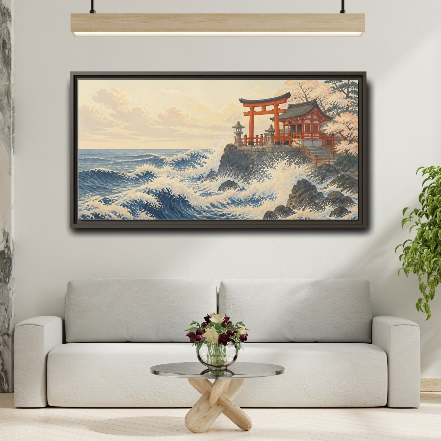 Mockup 2. Seaside Torii And Waves shown as framed canvas print