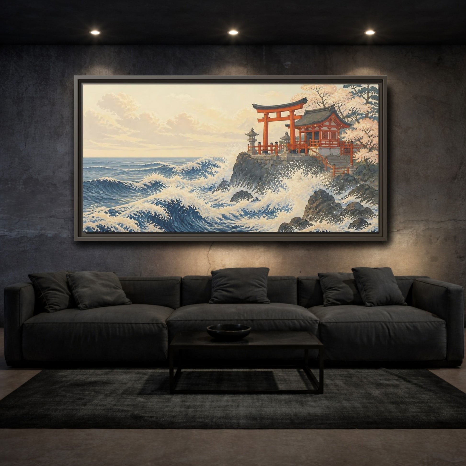 Mockup 3. Seaside Torii And Waves shown as framed canvas print