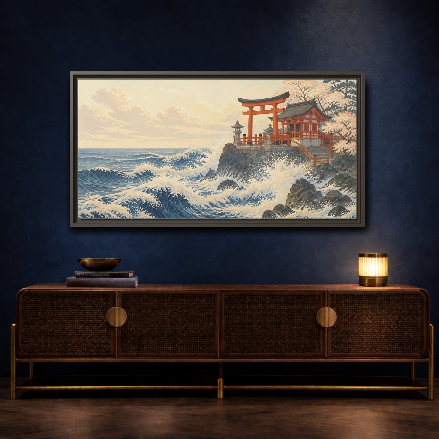 Mockup 4. Seaside Torii And Waves shown as framed canvas print