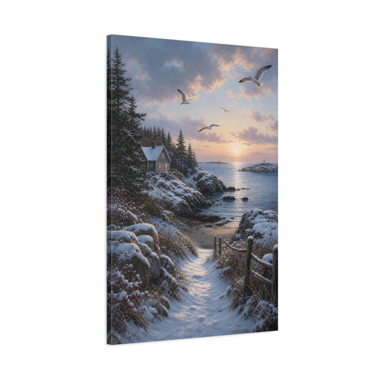 Main Mockup. Seaside Winter Sunrise shown as canvas print
