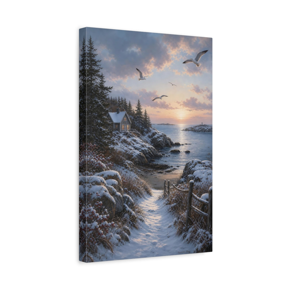 Side Mockup 4. Seaside Winter Sunrise shown as canvas print