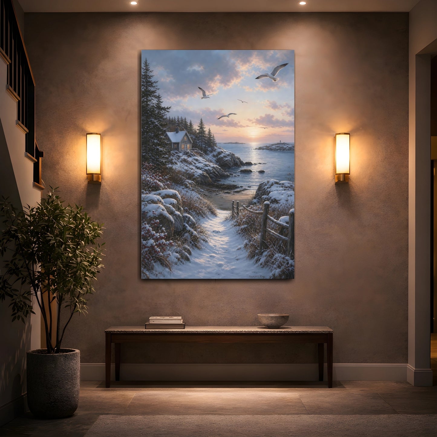 Mockup 2. Seaside Winter Sunrise shown as canvas print