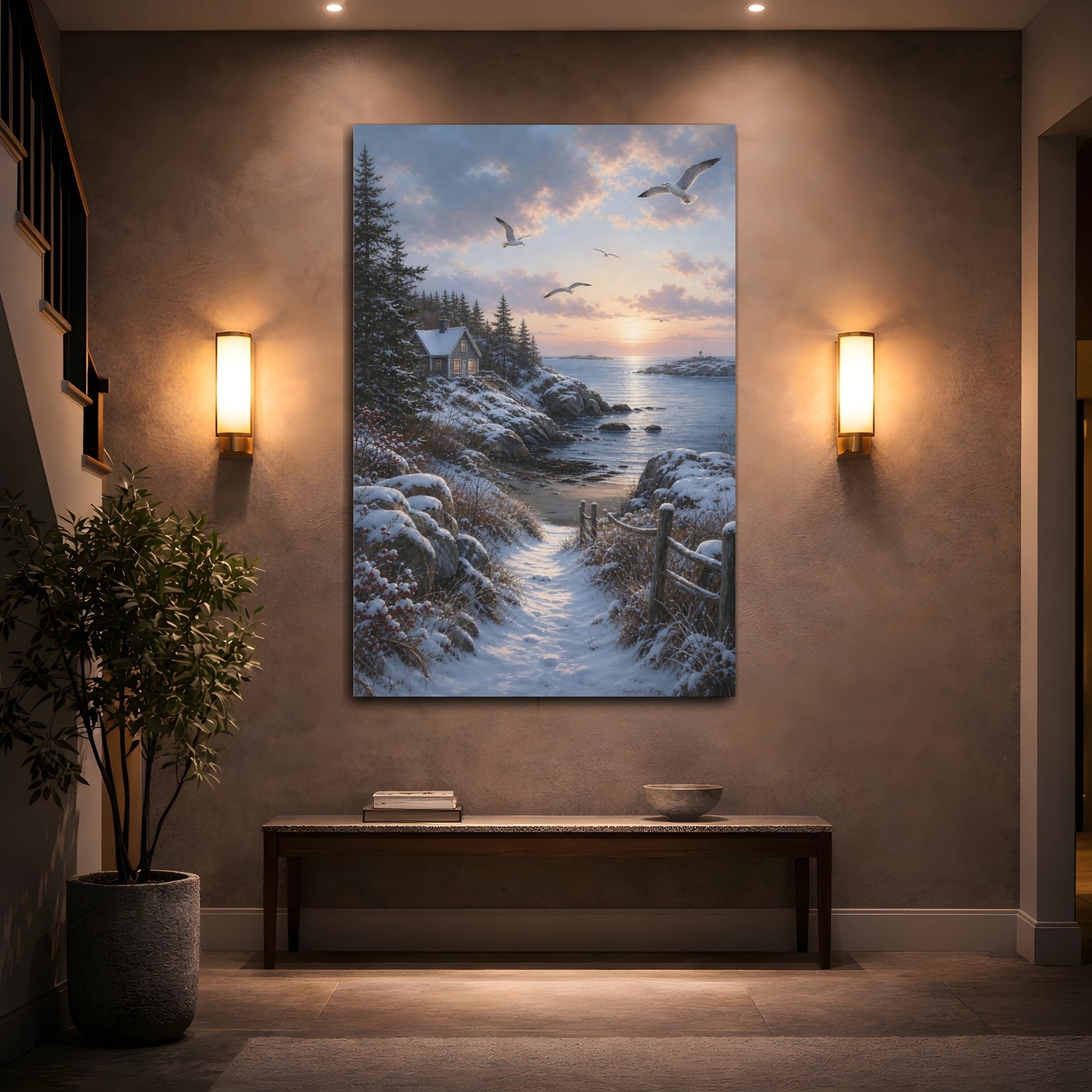 Mockup 2. Seaside Winter Sunrise shown as canvas print