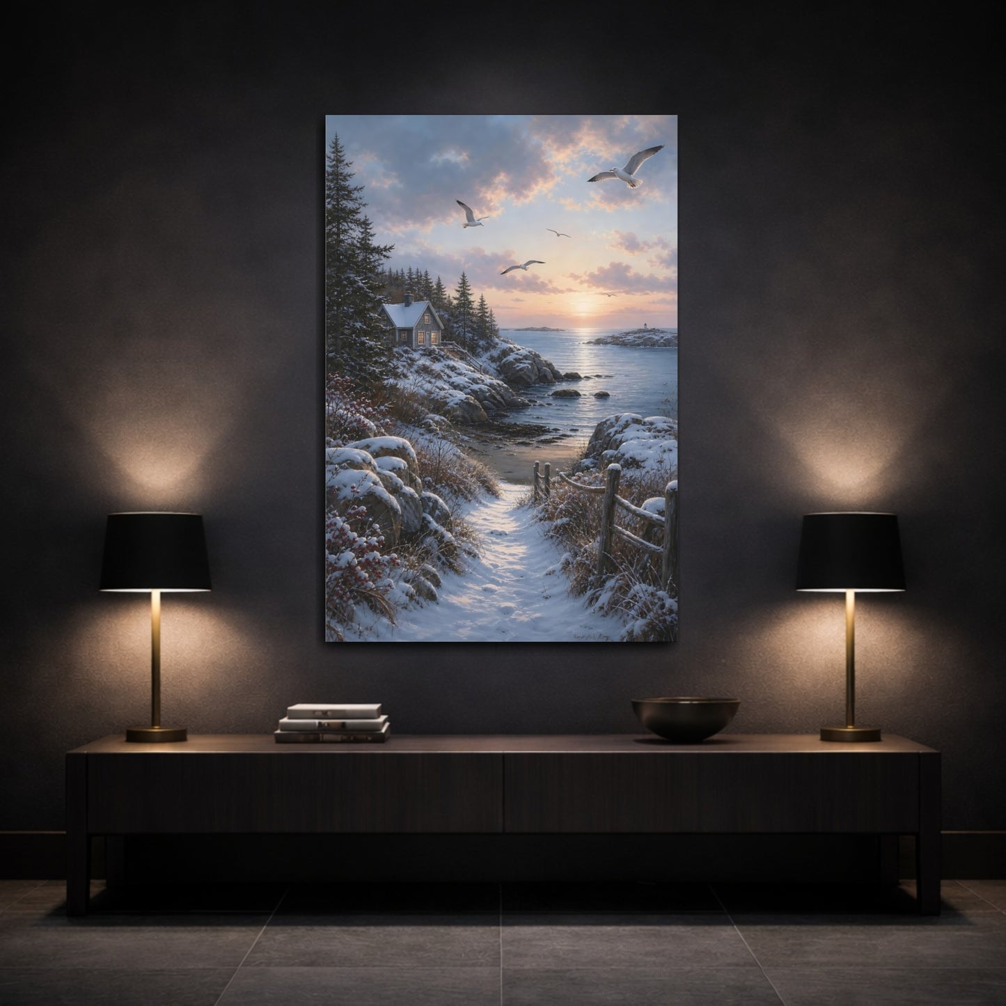 Mockup 3. Seaside Winter Sunrise shown as canvas print