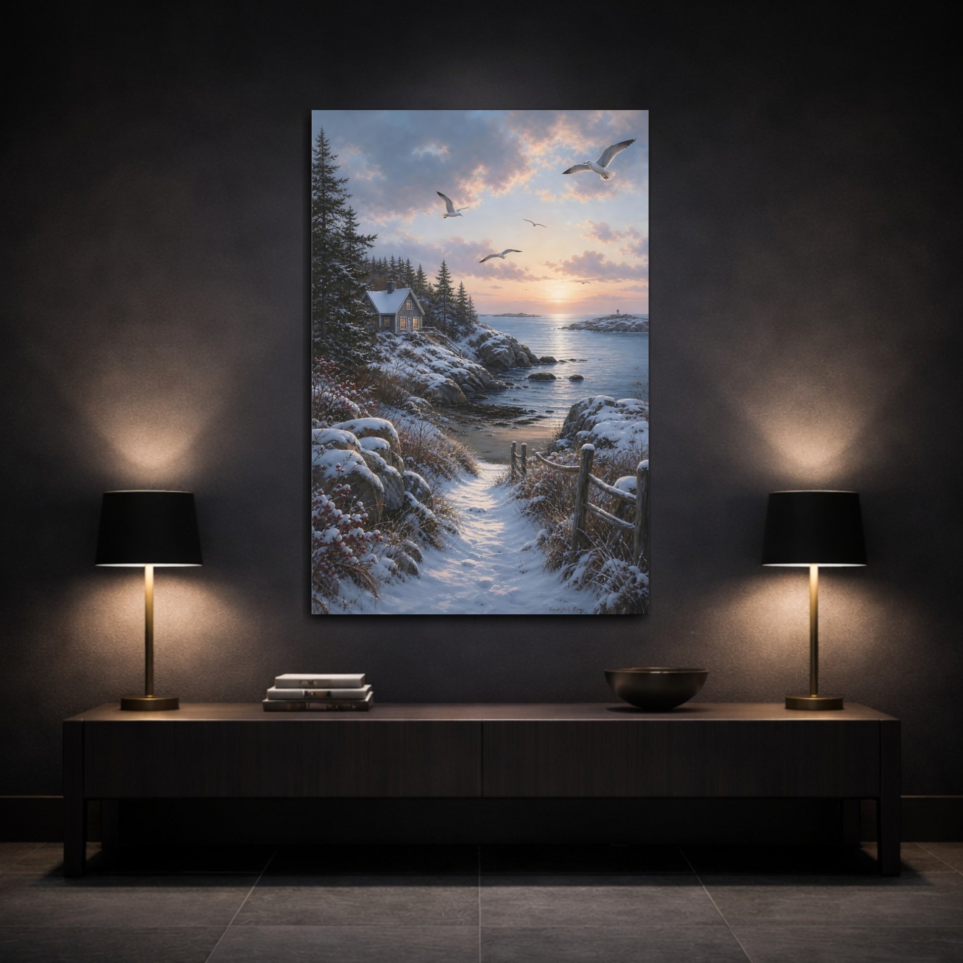 Mockup 3. Seaside Winter Sunrise shown as canvas print