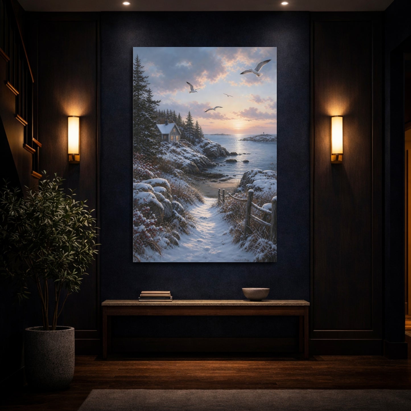 Mockup 4. Seaside Winter Sunrise shown as canvas print