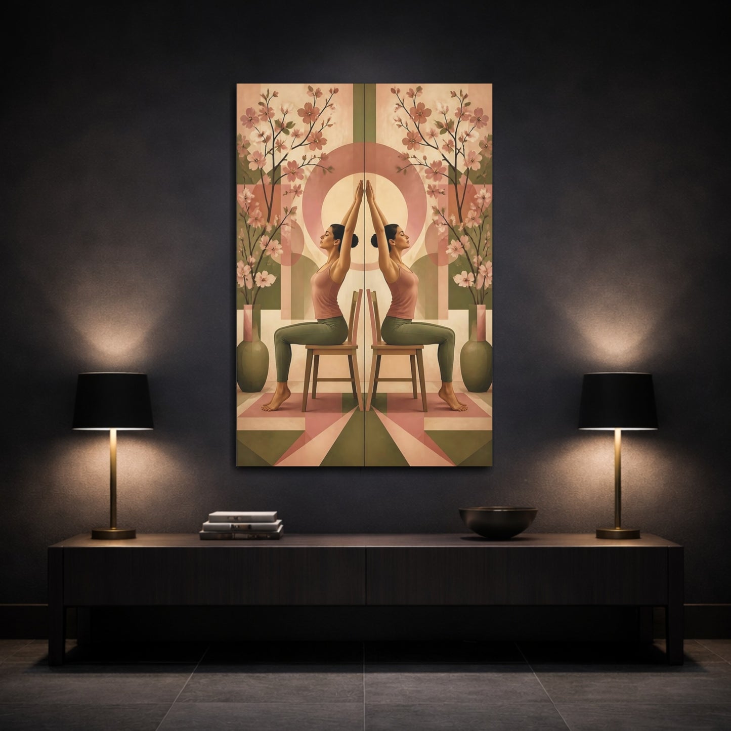 Mockup 3. Seated Yoga With Blossoms shown as canvas print