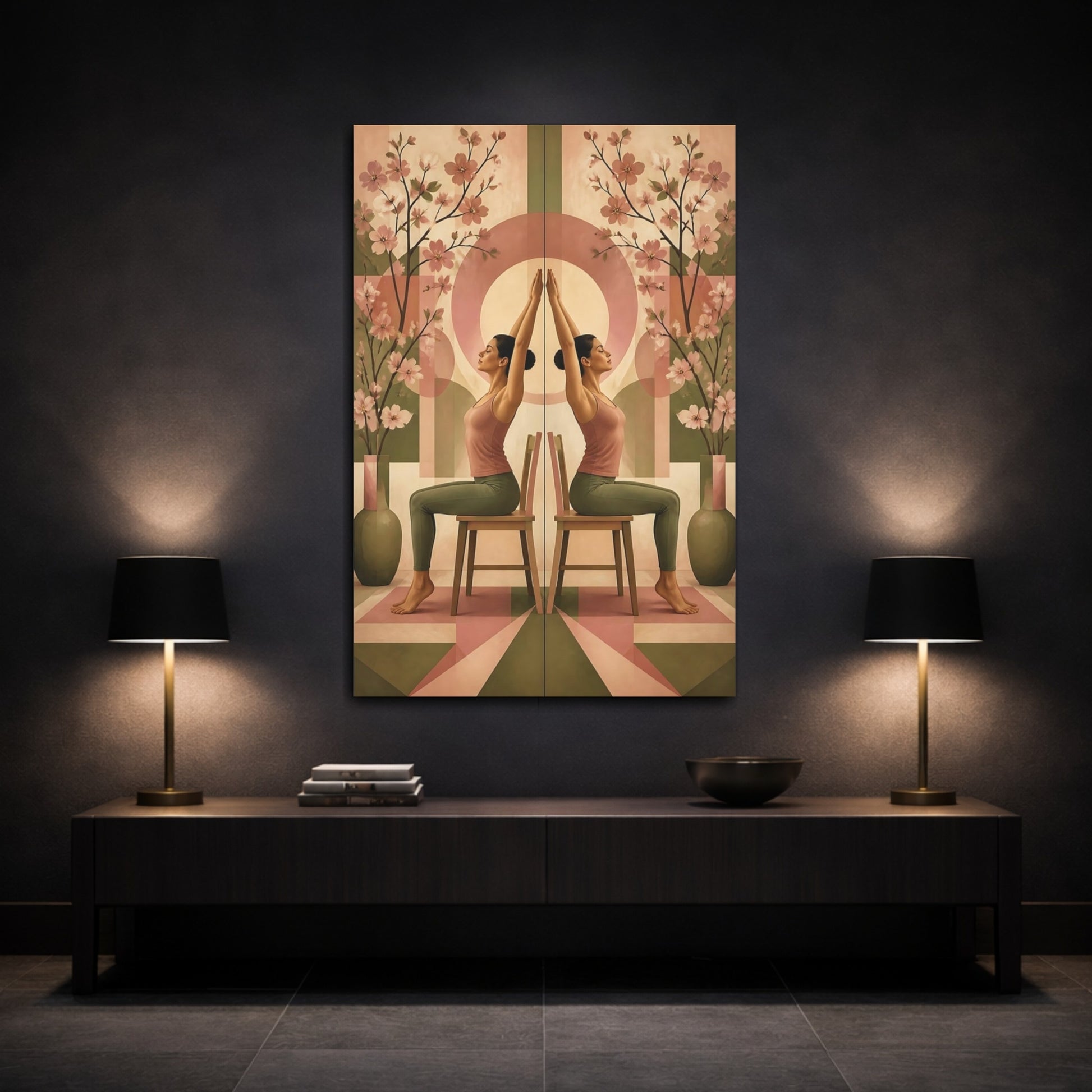 Mockup 3. Seated Yoga With Blossoms shown as canvas print