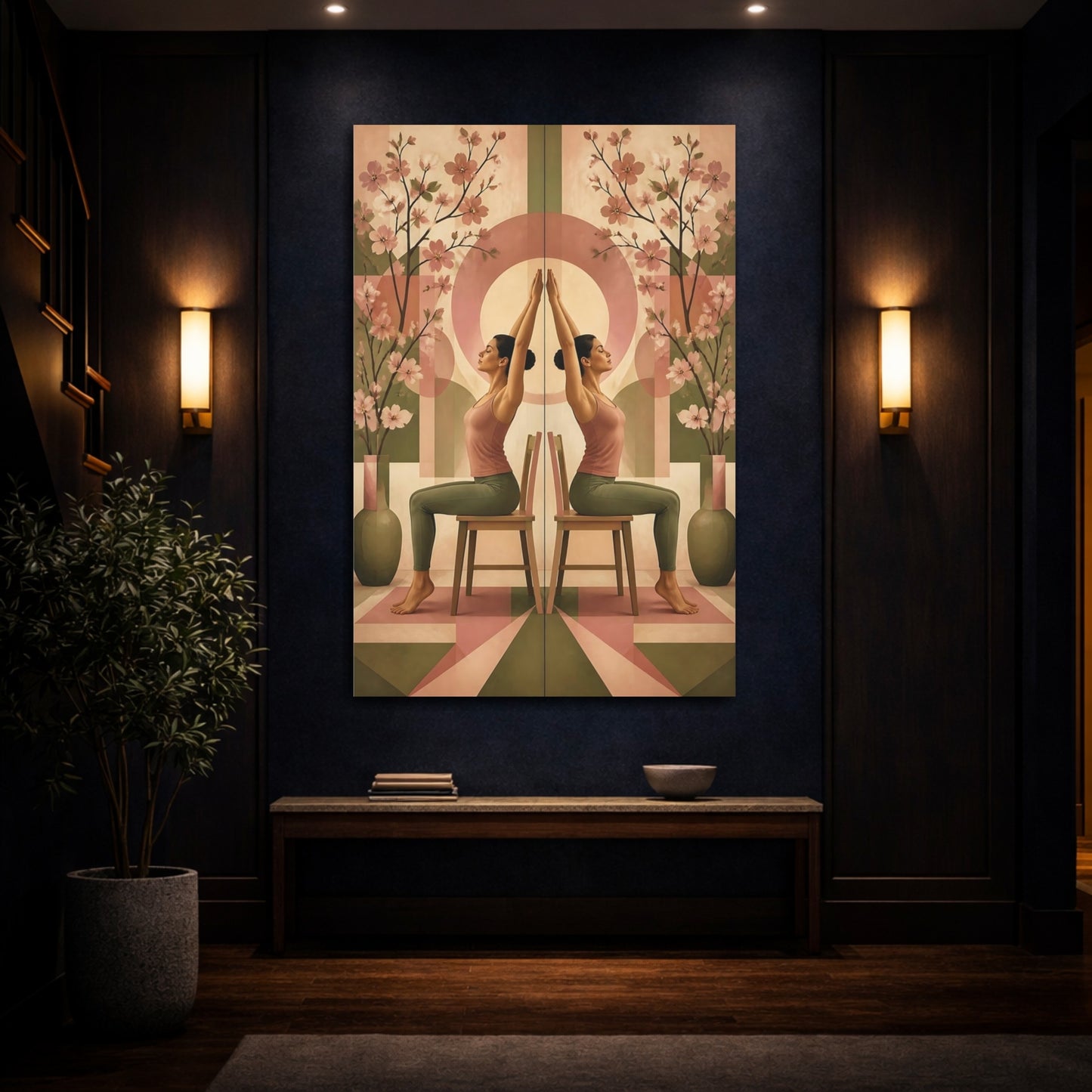 Mockup 4. Seated Yoga With Blossoms shown as canvas print