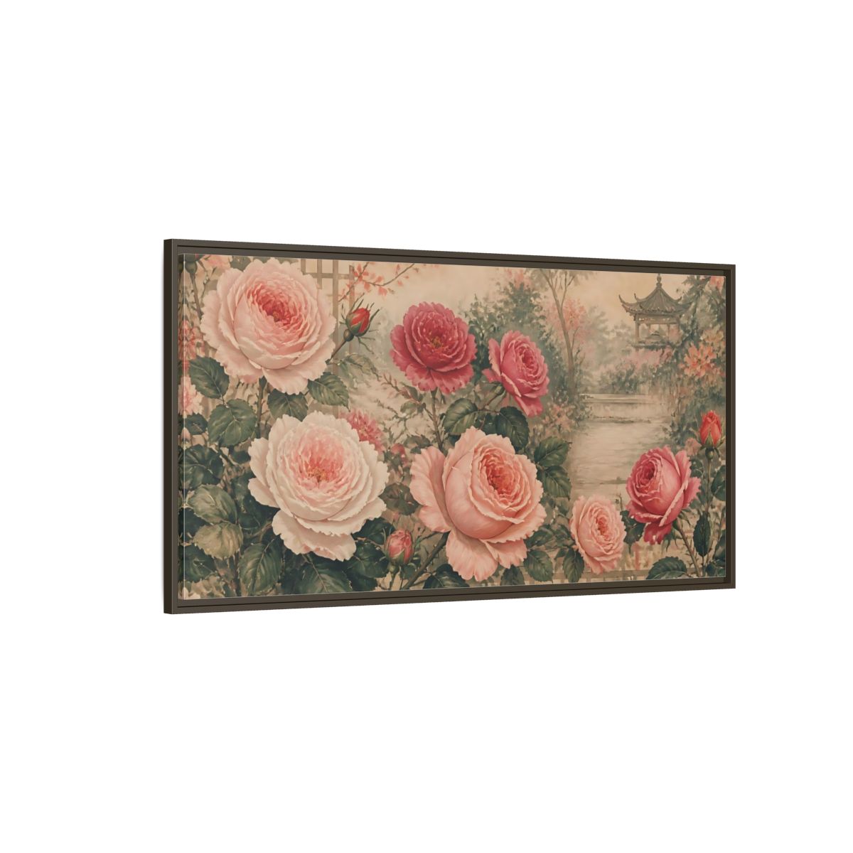 Side Mockup 4. Secluded Rose Garden shown as framed canvas print