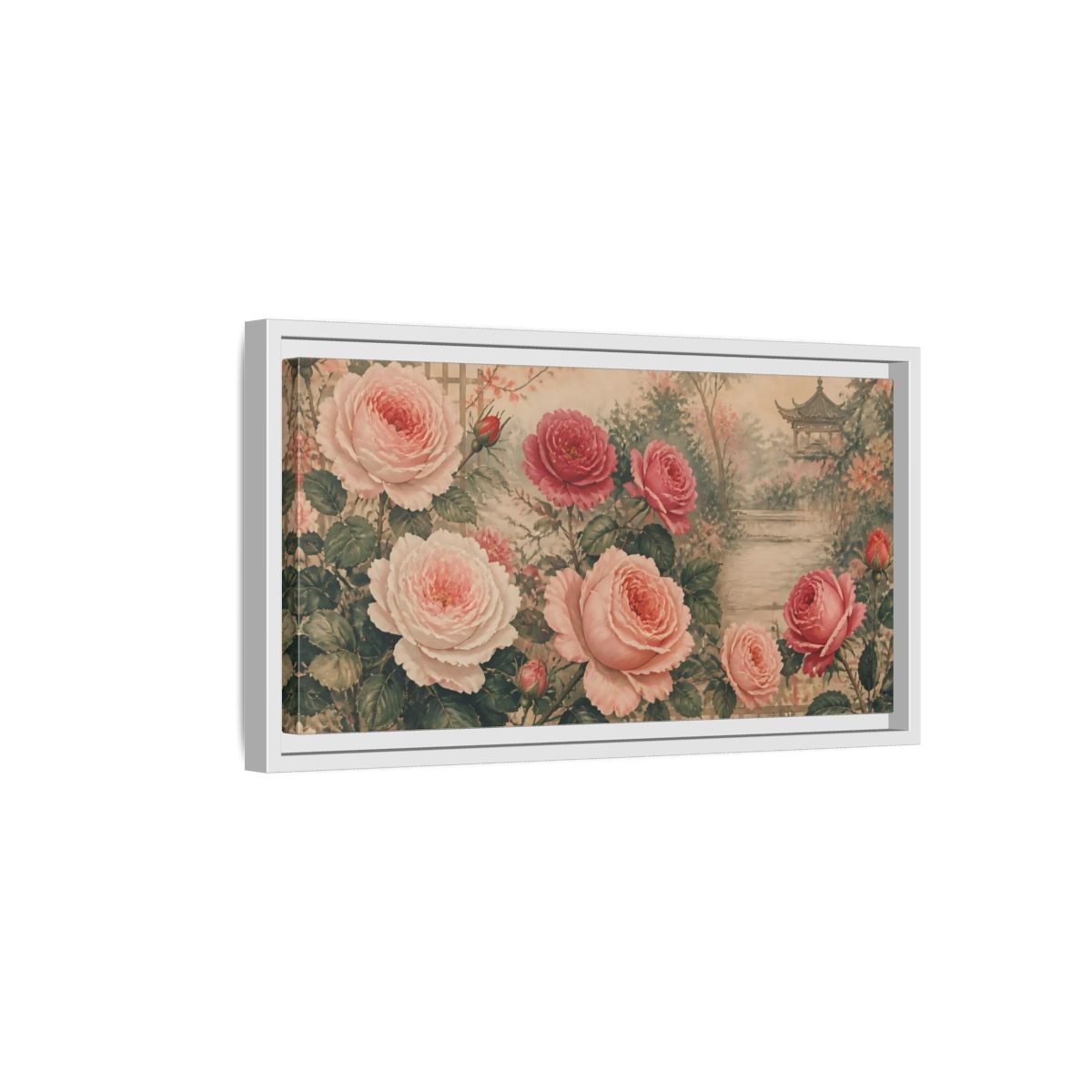 Side Mockup 6. Secluded Rose Garden shown as framed canvas print