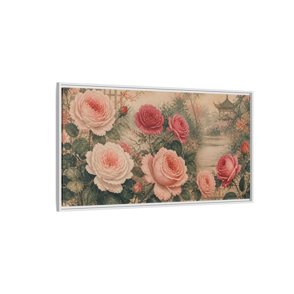 Side Mockup 3. Secluded Rose Garden shown as framed canvas print