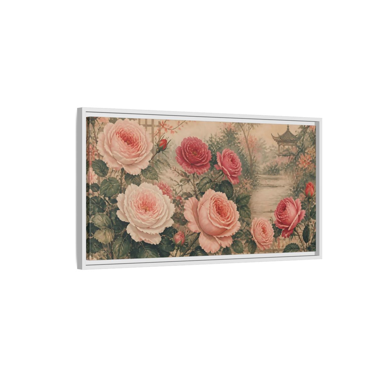 Side Mockup 1. Secluded Rose Garden shown as framed canvas print