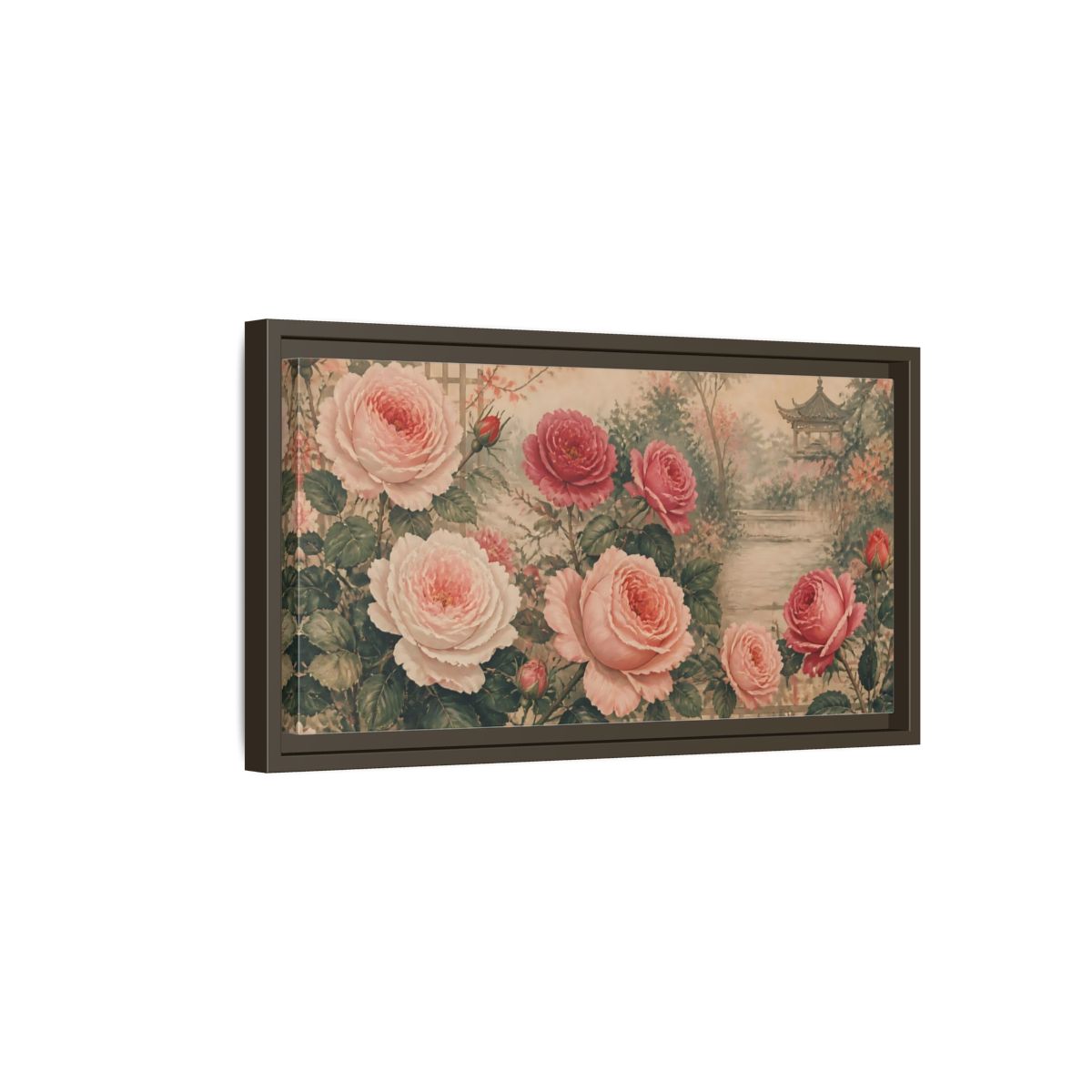 Side Mockup 7. Secluded Rose Garden shown as framed canvas print