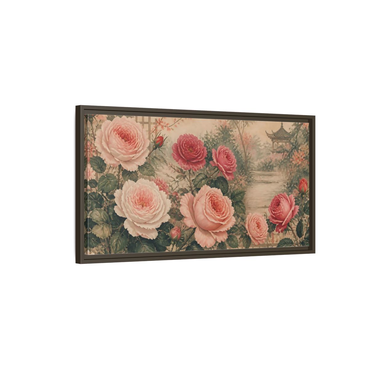 Main Mockup. Secluded Rose Garden shown as framed canvas print