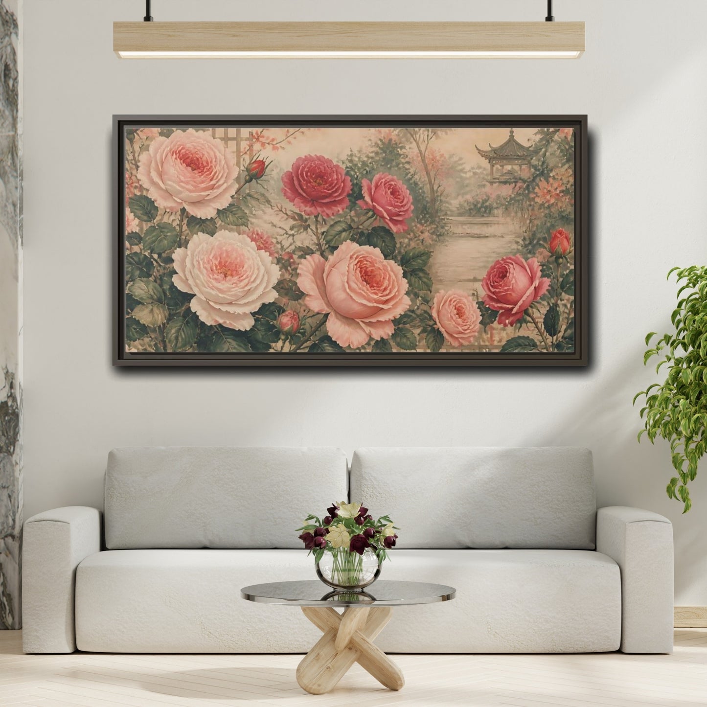 Mockup 2. Secluded Rose Garden shown as framed canvas print