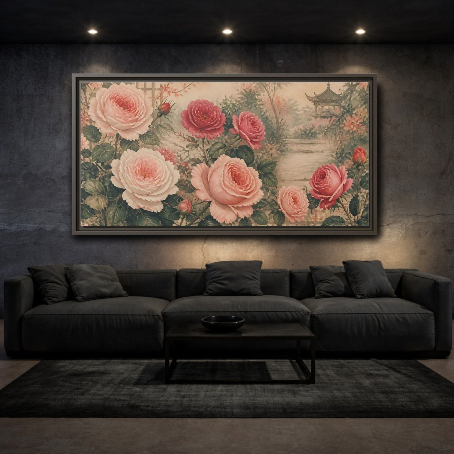 Mockup 3. Secluded Rose Garden shown as framed canvas print