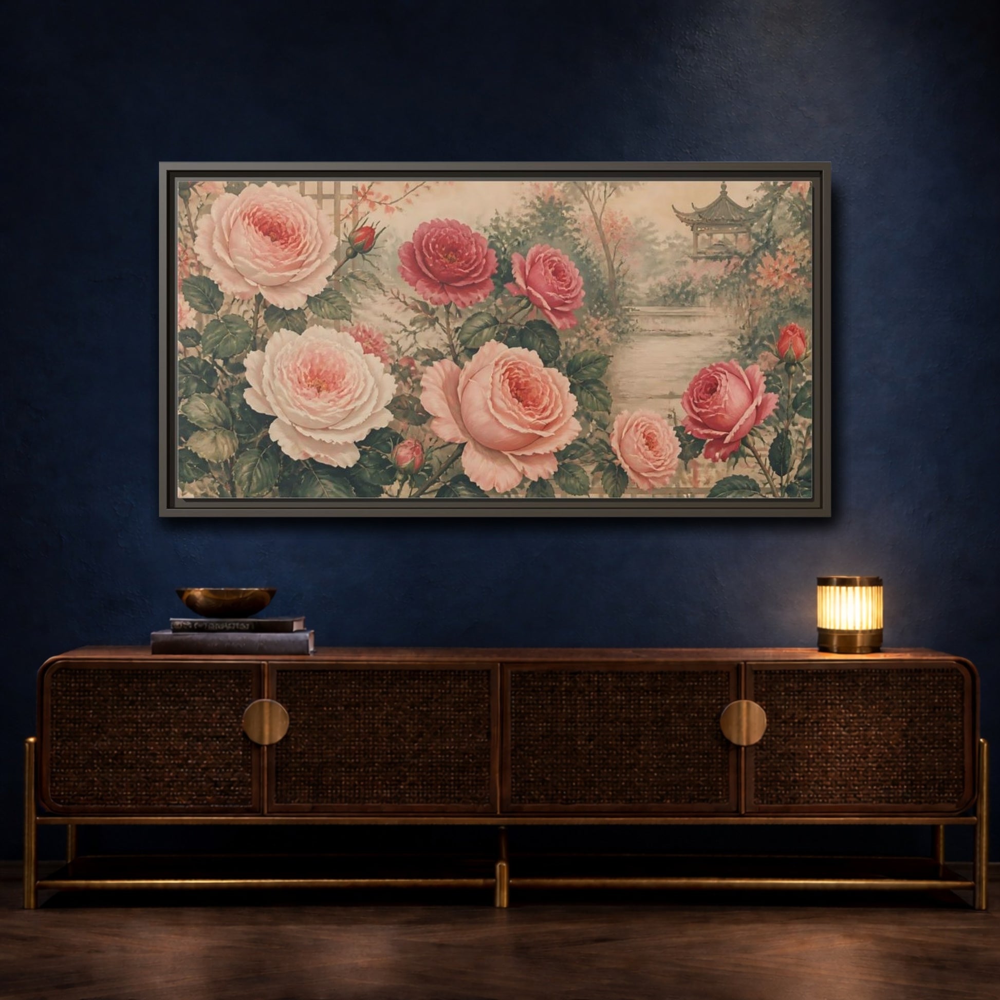 Mockup 4. Secluded Rose Garden shown as framed canvas print