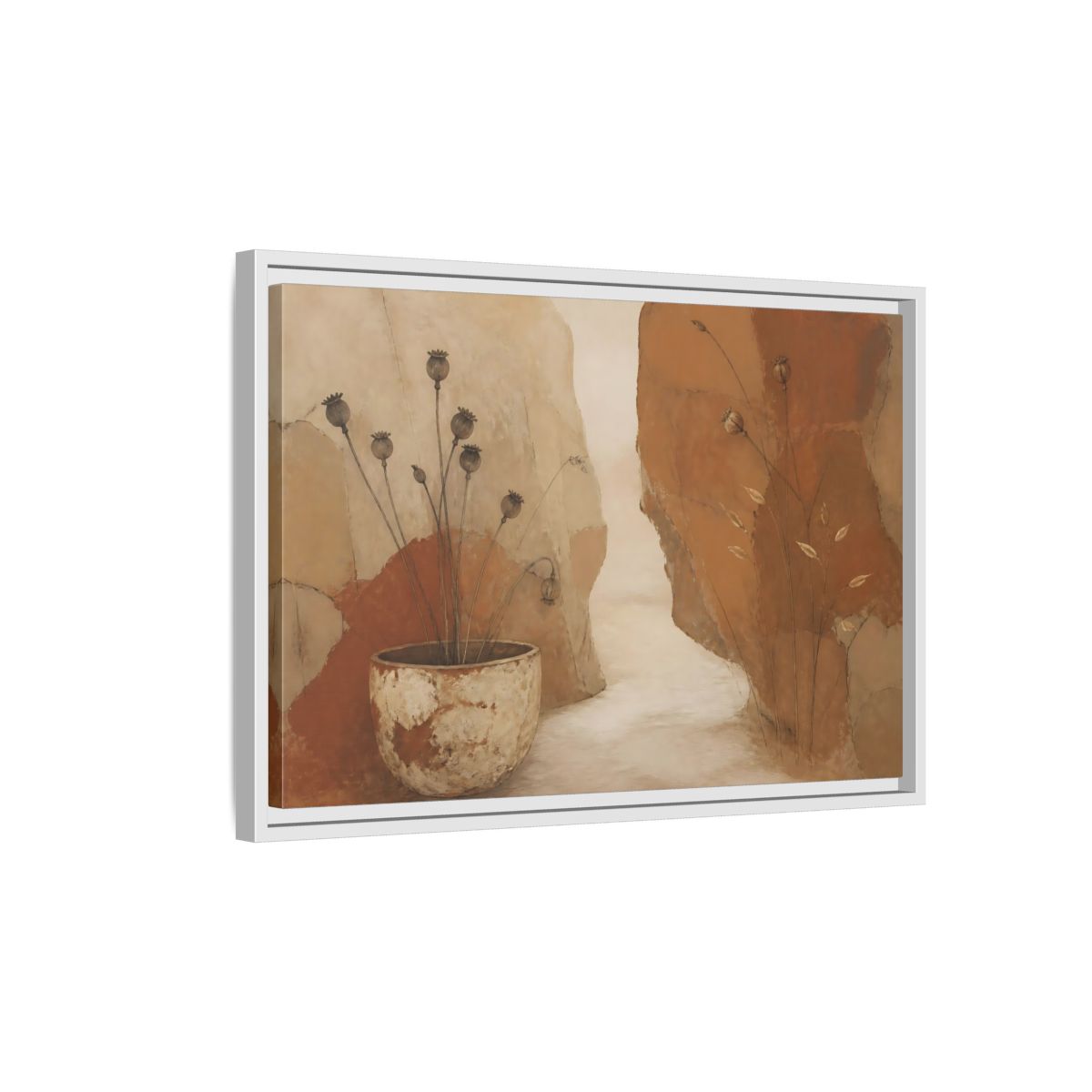 Side Mockup 1. Seedpods In Aged Vessel shown as framed canvas print