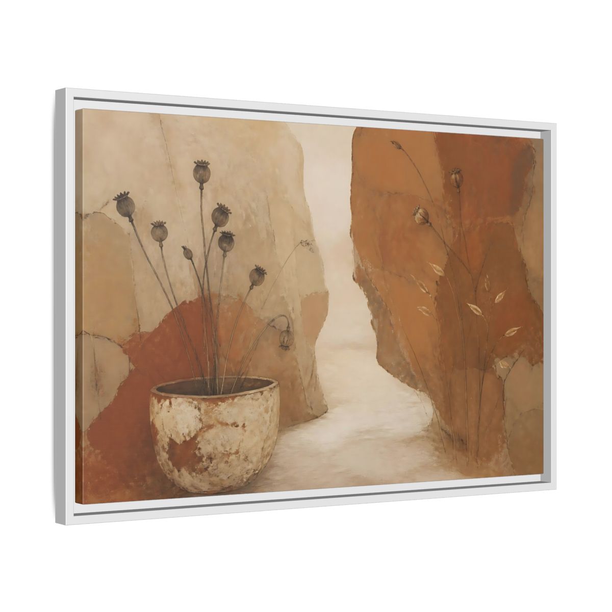 Side Mockup 10. Seedpods In Aged Vessel shown as framed canvas print