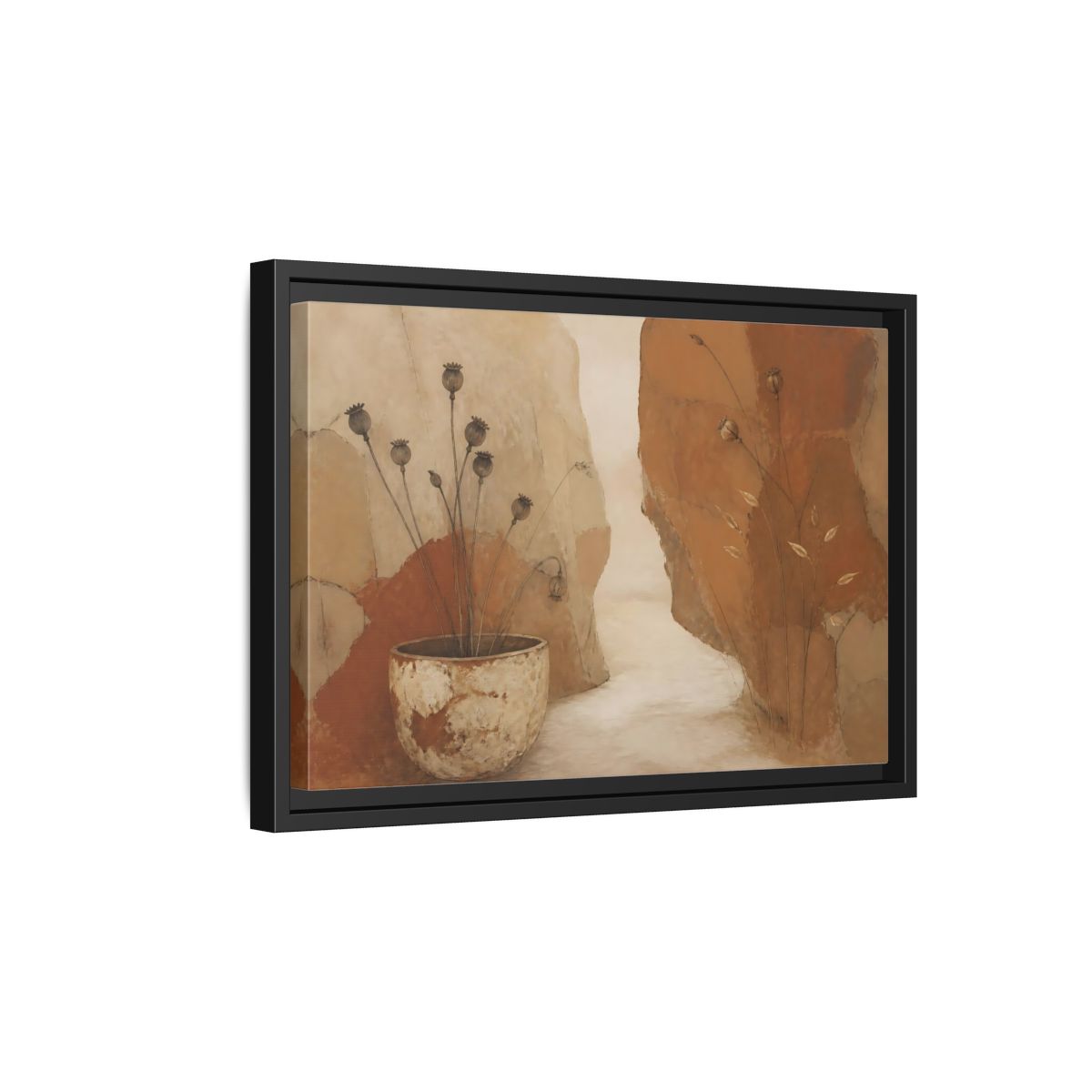Side Mockup 6. Seedpods In Aged Vessel shown as framed canvas print