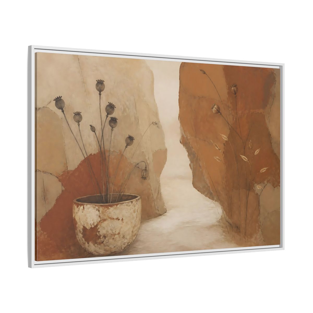 Side Mockup 7. Seedpods In Aged Vessel shown as framed canvas print