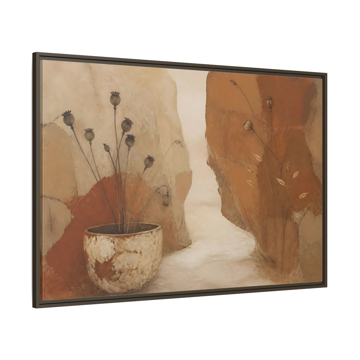 Side Mockup 8. Seedpods In Aged Vessel shown as framed canvas print