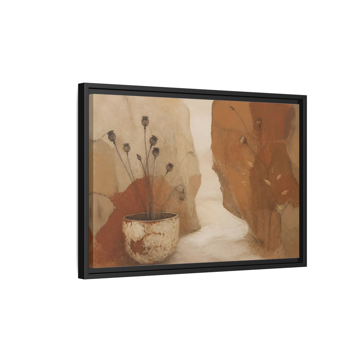 Side Mockup 3. Seedpods In Aged Vessel shown as framed canvas print