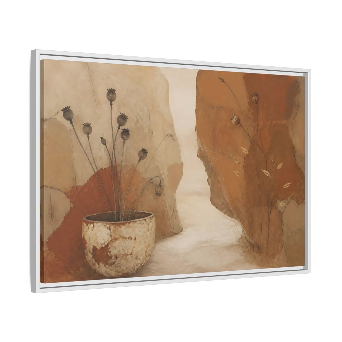 Side Mockup 9. Seedpods In Aged Vessel shown as framed canvas print