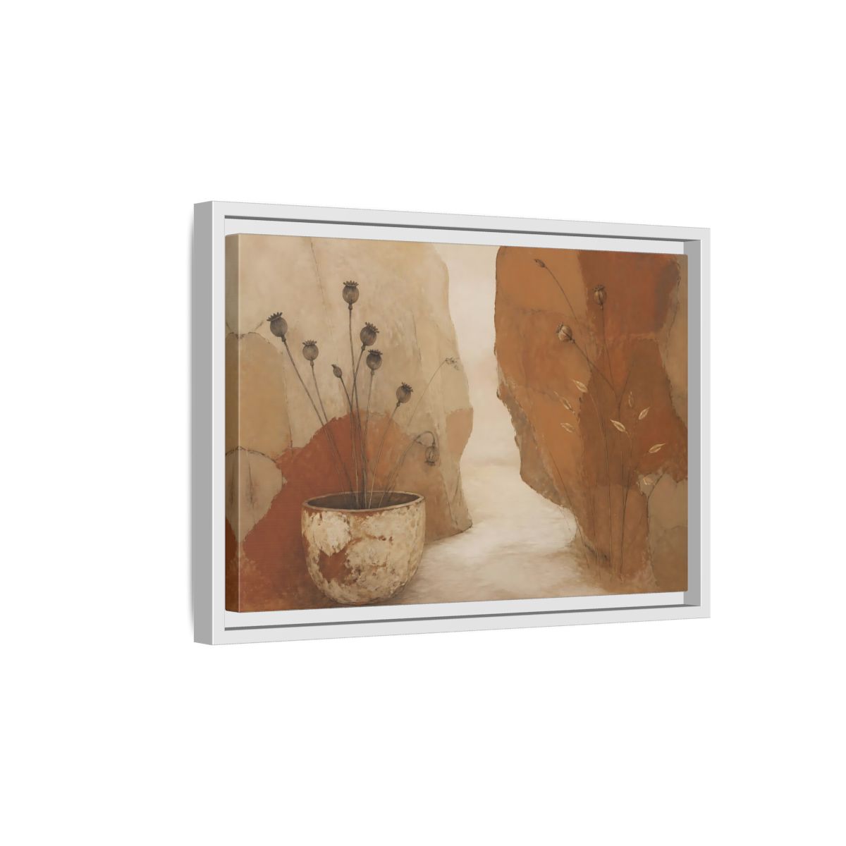 Side Mockup 4. Seedpods In Aged Vessel shown as framed canvas print