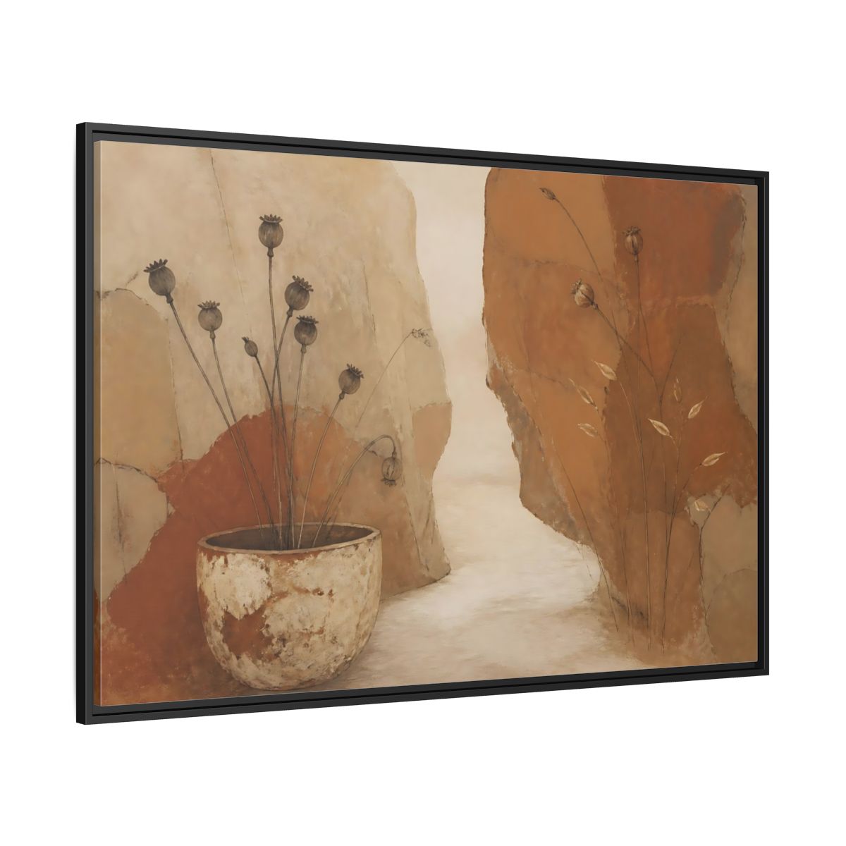 Side Mockup 12. Seedpods In Aged Vessel shown as framed canvas print