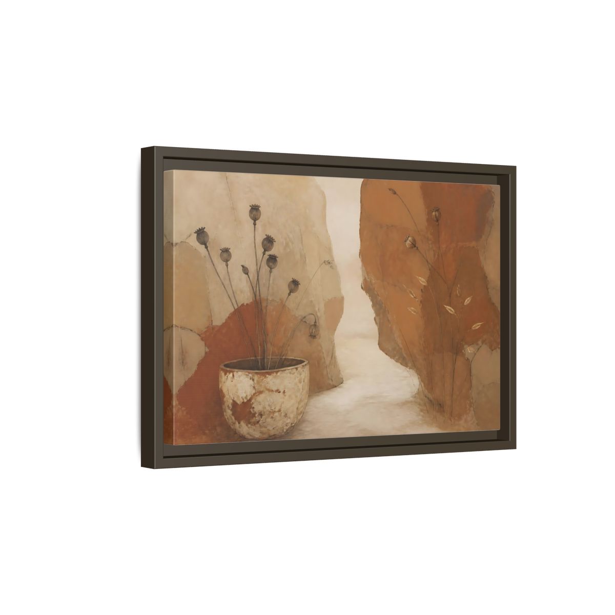 Side Mockup 5. Seedpods In Aged Vessel shown as framed canvas print