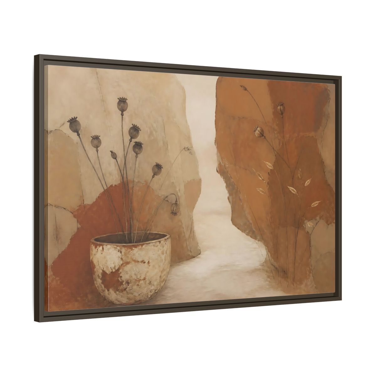 Main Mockup. Seedpods In Aged Vessel shown as framed canvas print