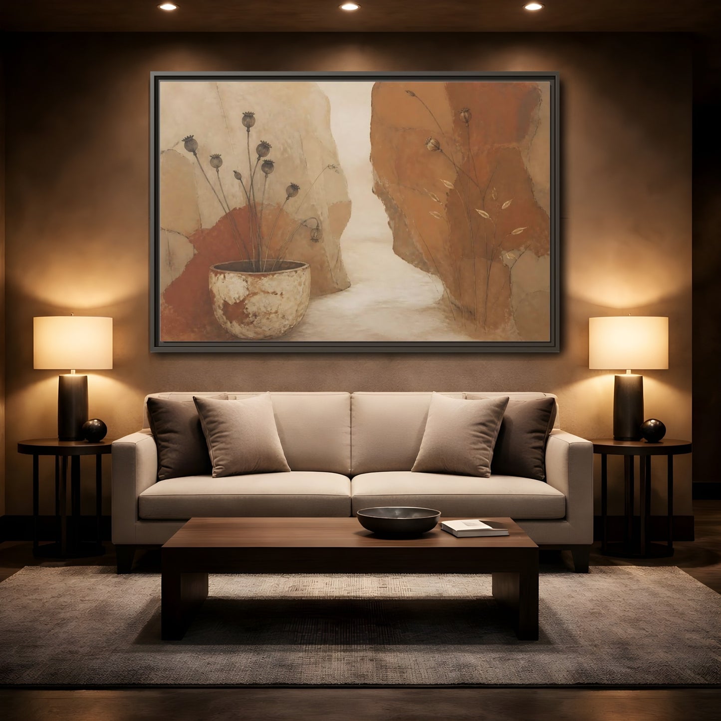 Mockup 2. Seedpods In Aged Vessel shown as framed canvas print