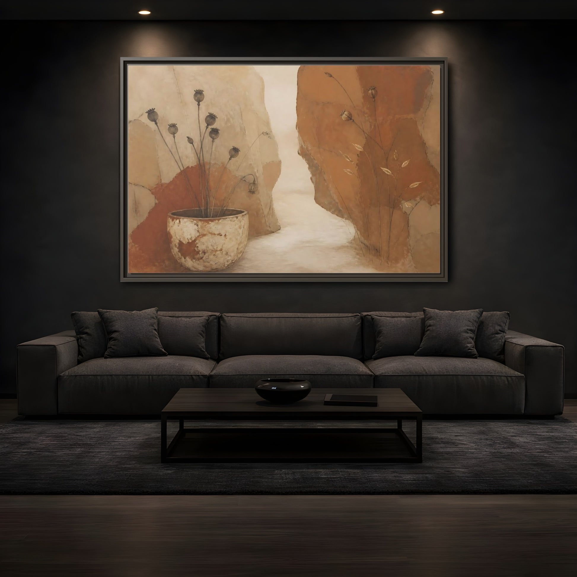 Mockup 3. Seedpods In Aged Vessel shown as framed canvas print