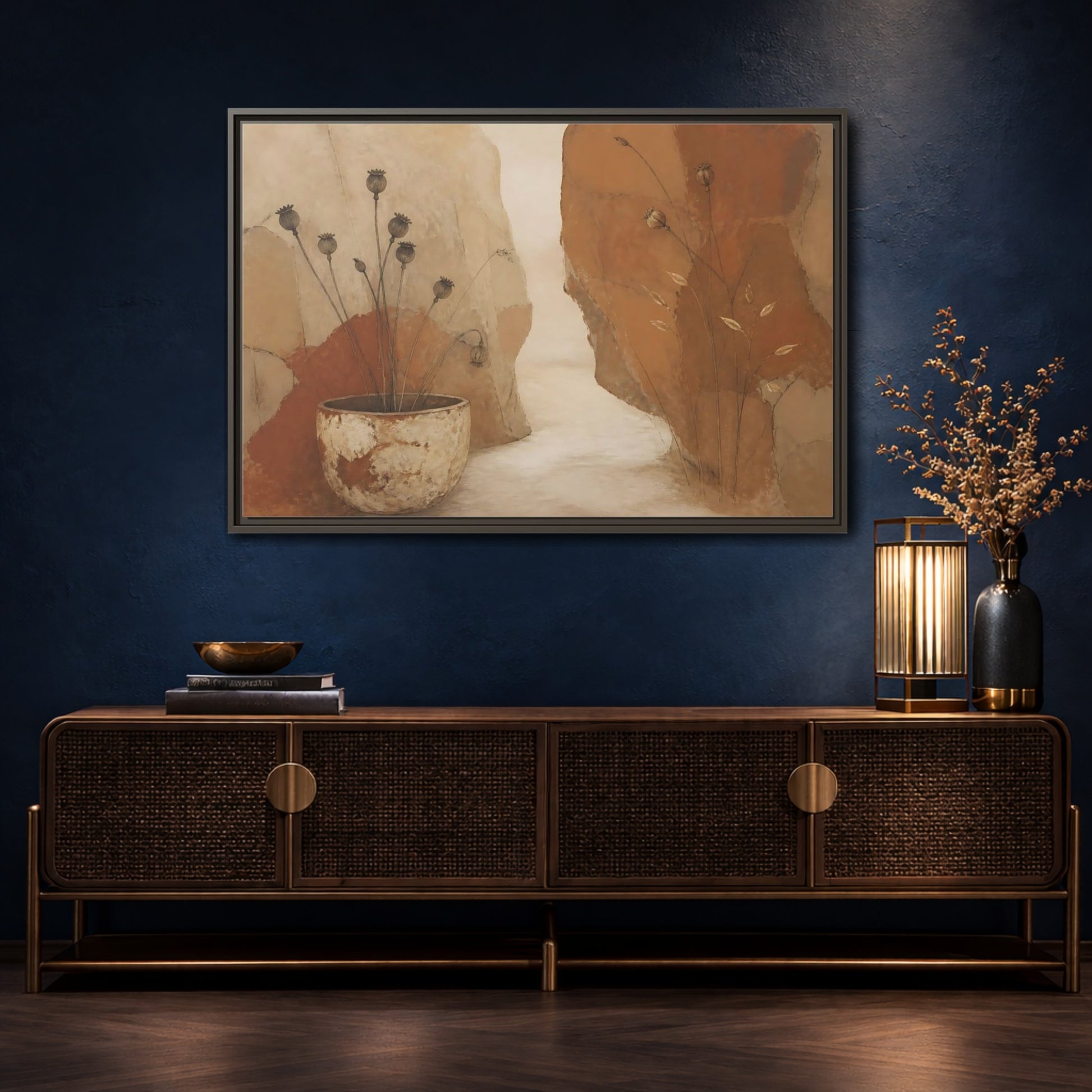 Mockup 4. Seedpods In Aged Vessel shown as framed canvas print