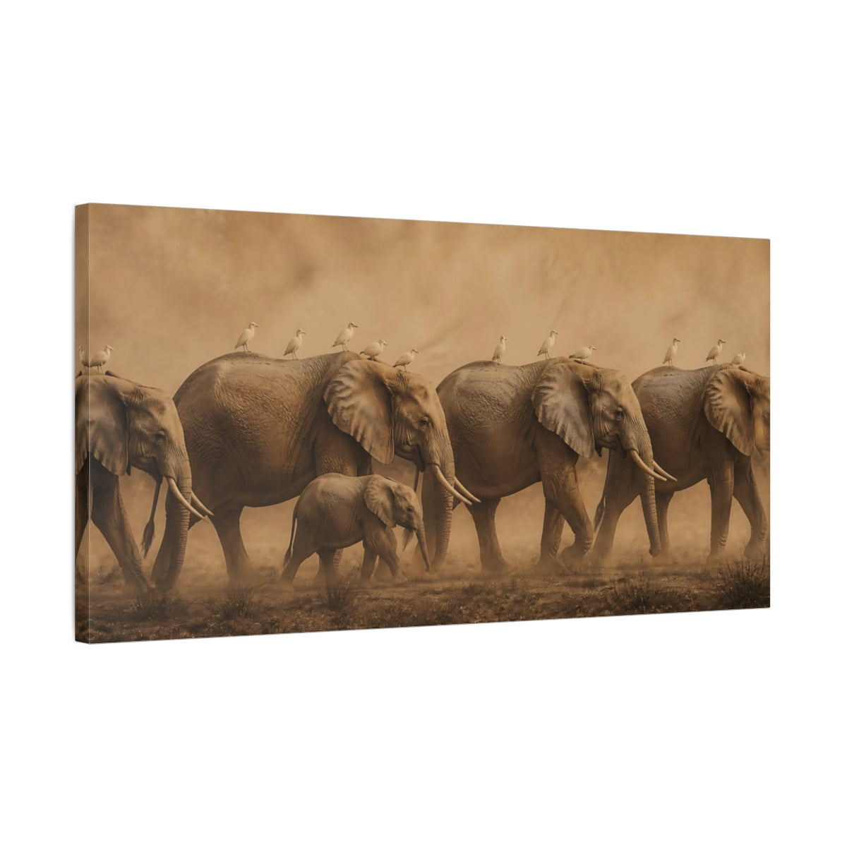Side Mockup 1. Sepia Elephant Herd With Birds shown as canvas print