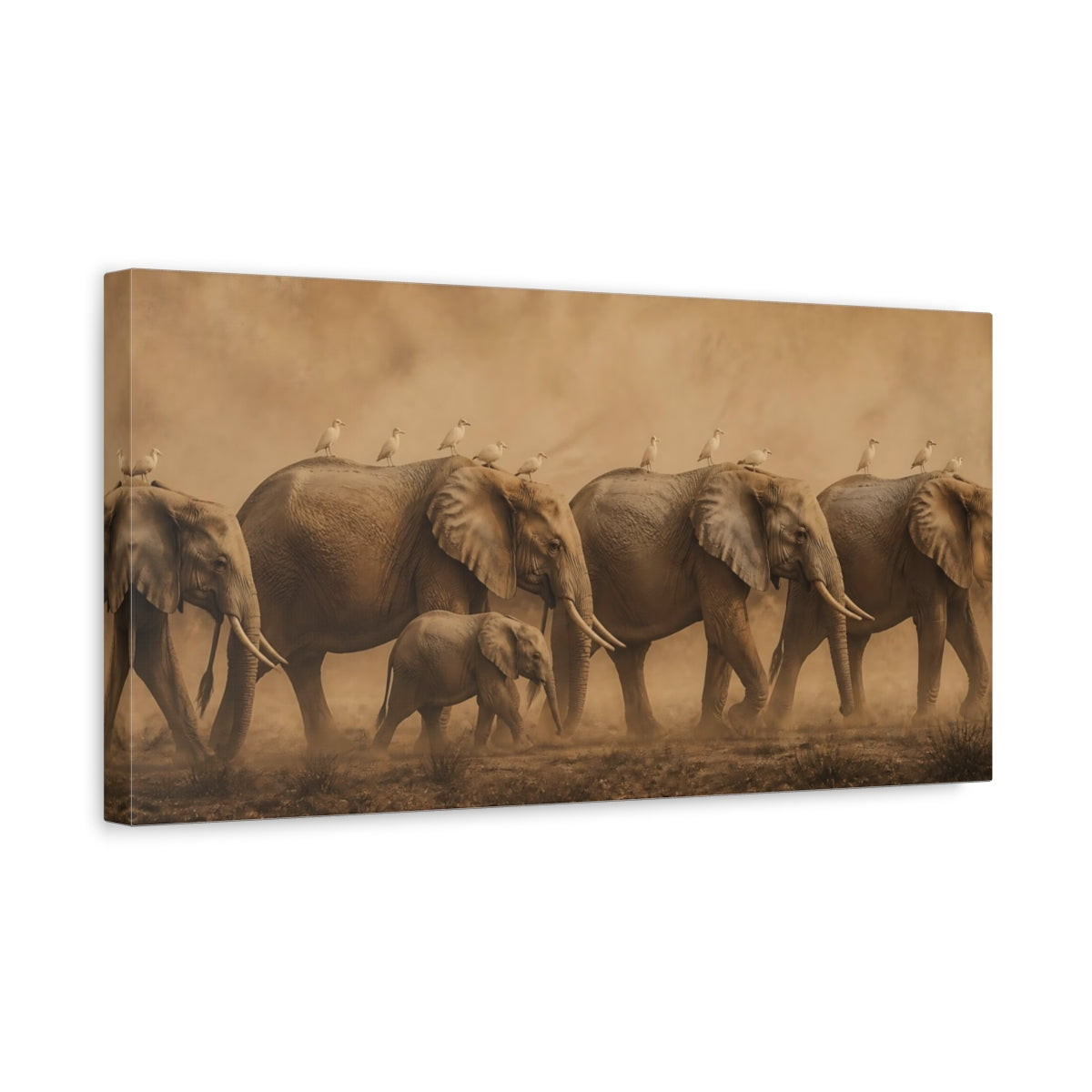 Side Mockup 3. Sepia Elephant Herd With Birds shown as canvas print