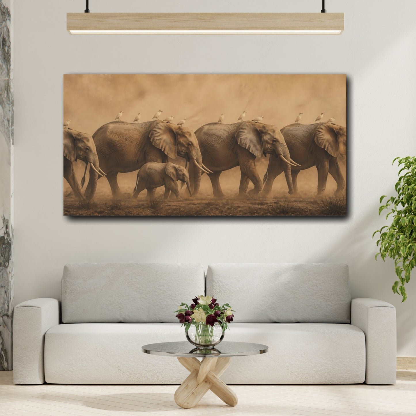 Mockup 2. Sepia Elephant Herd With Birds shown as canvas print