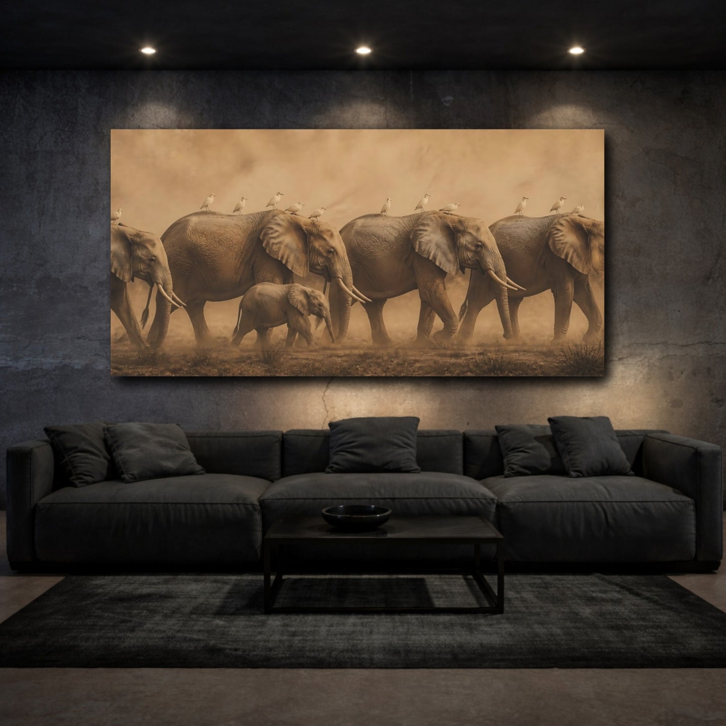 Mockup 3. Sepia Elephant Herd With Birds shown as canvas print