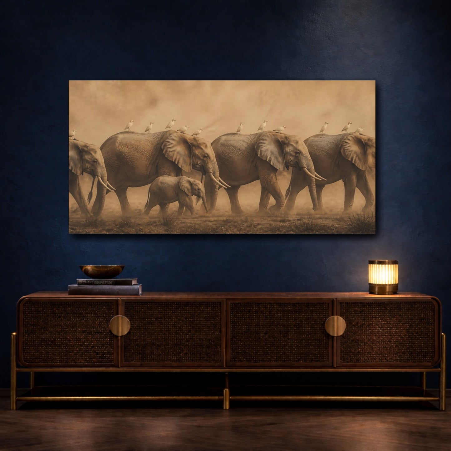 Mockup 4. Sepia Elephant Herd With Birds shown as canvas print