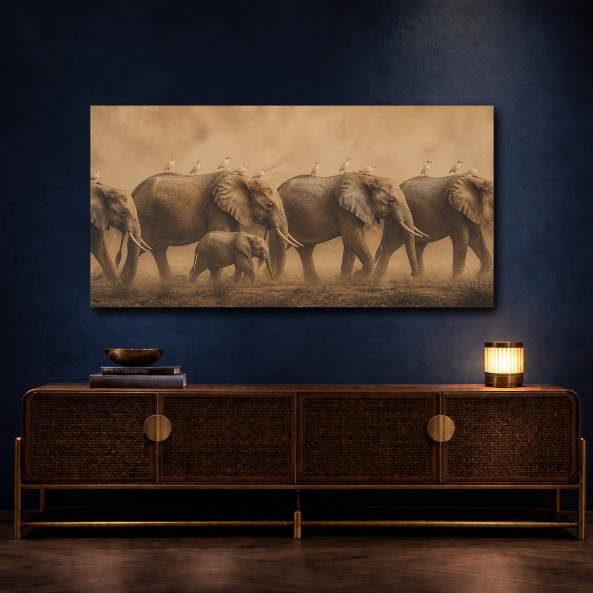 Mockup 4. Sepia Elephant Herd With Birds shown as canvas print
