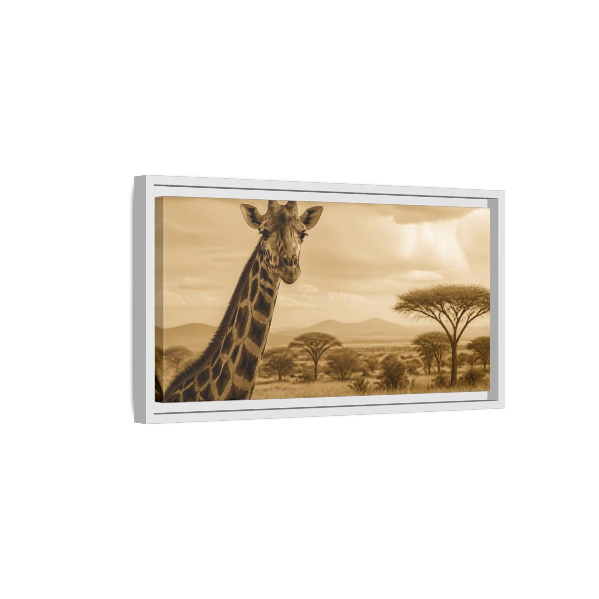 Side Mockup 6. Sepia Giraffe Portrait shown as framed canvas print