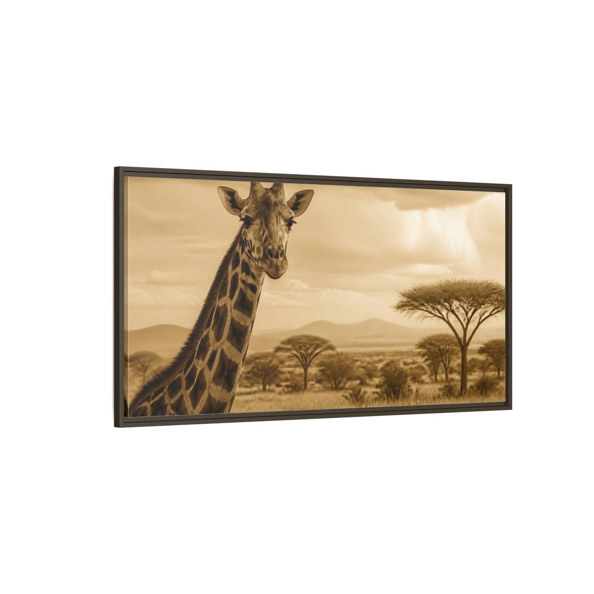Side Mockup 4. Sepia Giraffe Portrait shown as framed canvas print