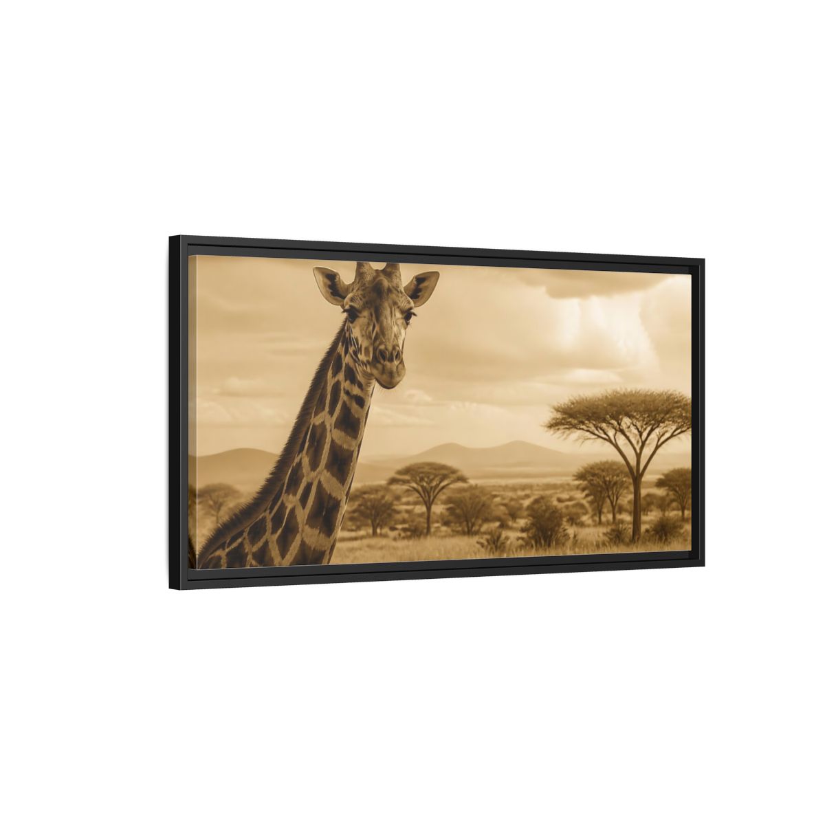 Side Mockup 2. Sepia Giraffe Portrait shown as framed canvas print