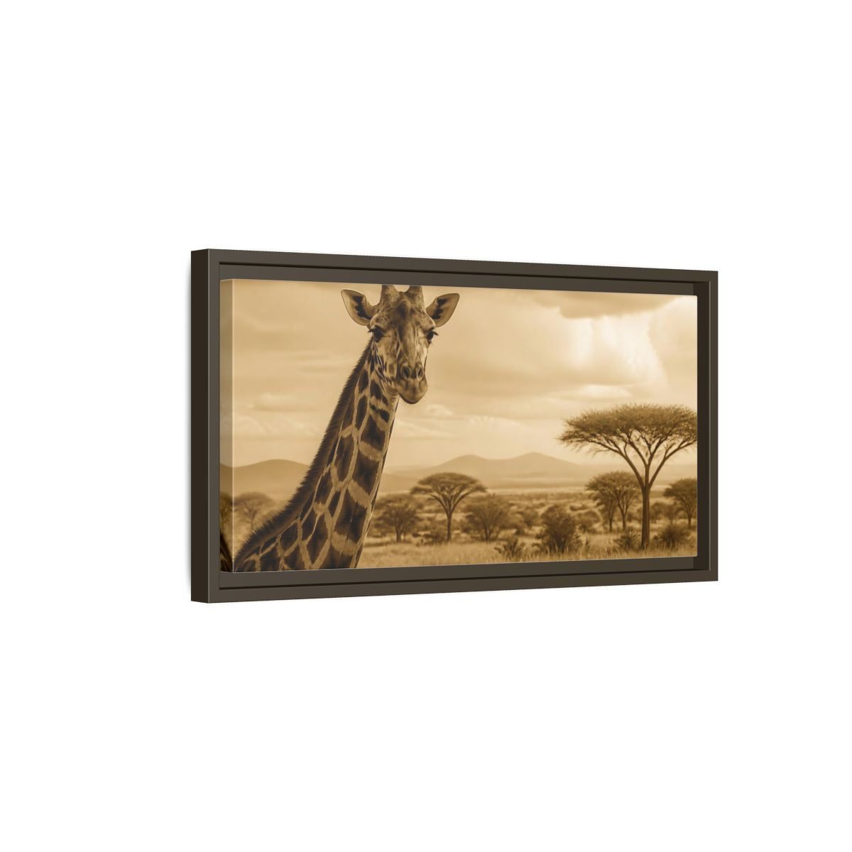 Side Mockup 7. Sepia Giraffe Portrait shown as framed canvas print
