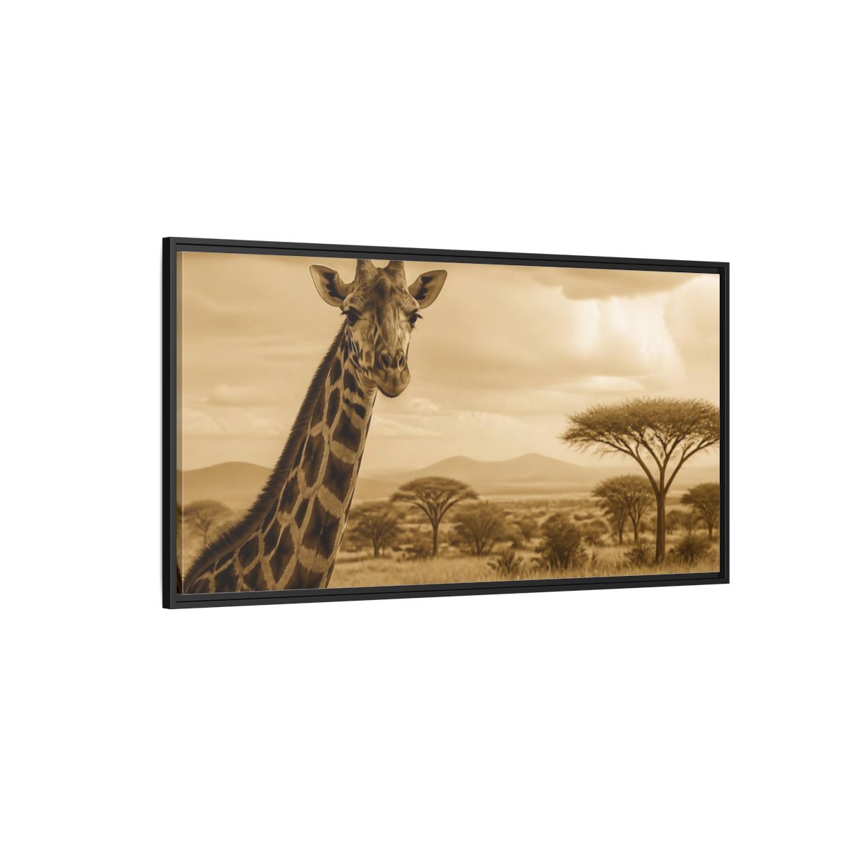 Side Mockup 5. Sepia Giraffe Portrait shown as framed canvas print